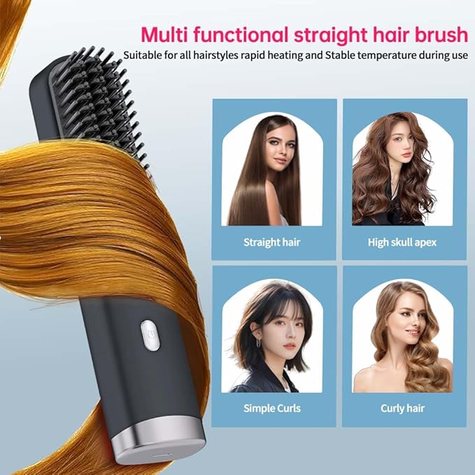 Cordless Hair Straightener Brush Portable on The go Comb for Travel USB chargingTwo Power sources30s Fast HeatingLCD Large Screen Display (Black) 1010