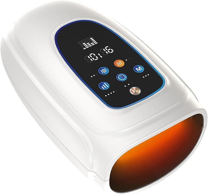 Hand and Wrist Massager with Heat Air Compression and Gentle Vibration 3 Modes 5 Intensities LCD Display Cordless Hand Relaxation Massager for Daily Relaxation (White)