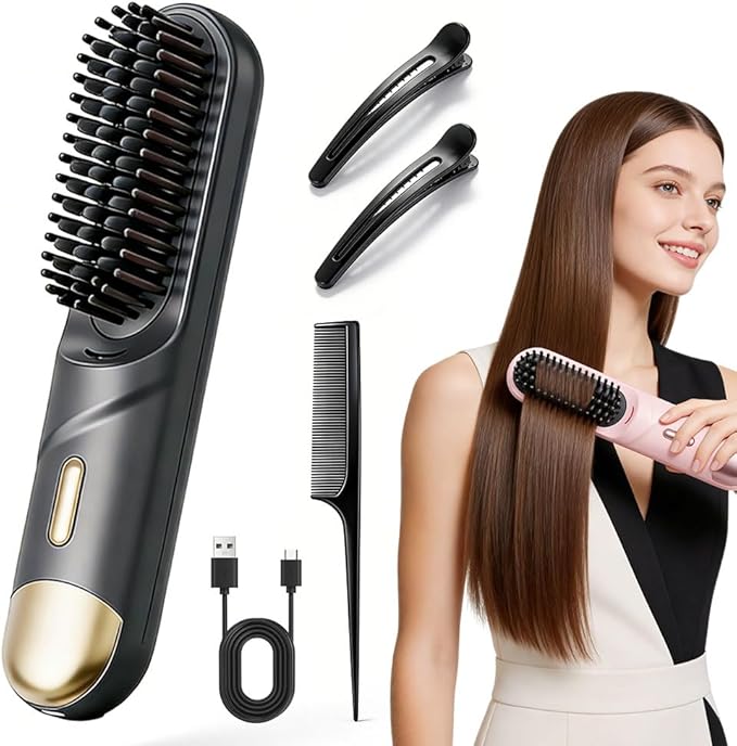 Go Brush - Pro for Short Hair 2026 New Cordless Straightening Brush with 4 Temperature Settings Portable Straightener Brushs for Travel Rechargeable Hair Straightener for Daily Use (Black)