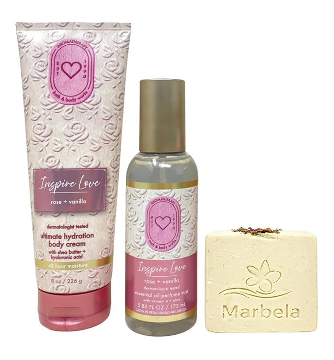Bath &amp Body Works Aromatherapy Inspire Love Rose + Vanilla Essential Oil Perfume Mist and Ultimate Hydration Body Cream with a Creamy Rose Bar Soap