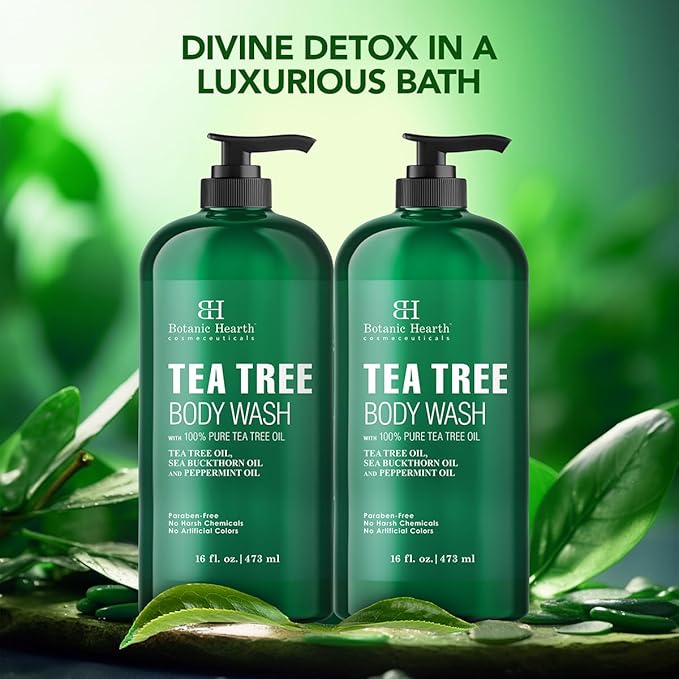 Botanic Hearth Tea Tree Body Wash 16 fl oz (2 Pack) Natural Antifungal &amp Odor Control Shower Gel for Acne Athlete’s Foot Ringworm Jock Itch Healthy Skin Sulfate &amp Paraben Free for Men &a