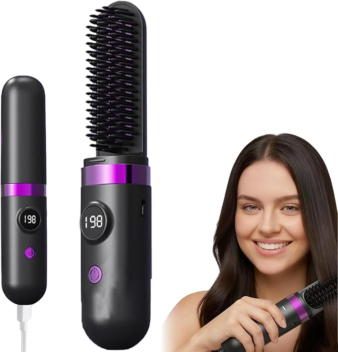2026 New Cordless Hair Straightener Brush Portable Rechargeable Straightening Comb with LCD Display 3 Temperature Settings Fast Heating Anti-Frizz Hair USB Rechargeable Travel Hair Brus（Black）