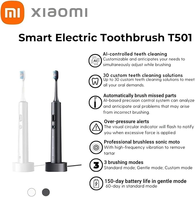 XIAOMI Smart Electric Toothbrush T501 AI-Precision Sonic with App 64000 Vibrations/Min 30 Custom Modes 150-Day Battery IPX8 Waterproof Pearl White