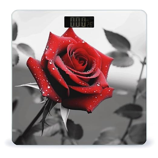 Black and White Red Rose Scale for Body Weight High Precision Digital Weight Scales with LCD Display Anti-Slip Sturdy Slim Tempered Glass Bathroom Scale for Home Use