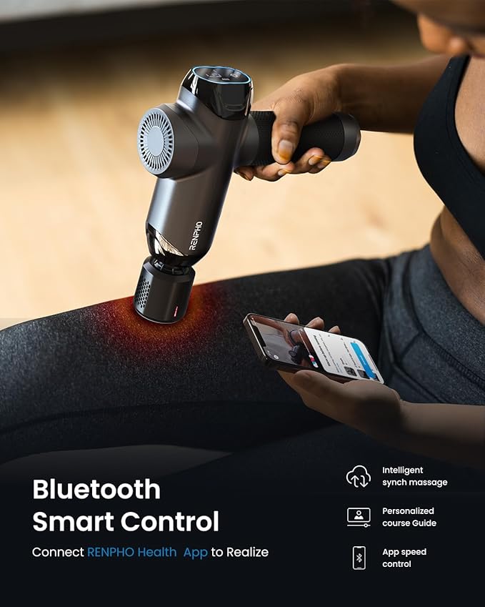 RENPHO Power+ Thermacool Massage Gun with Heat and Cold 12mm Amplitude Deep Tissue Percussion Massager for Professional Athletes App Controlled Guided Courses 6 Speeds 6 Attachments Carry Case