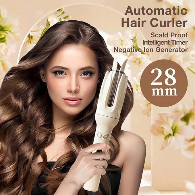 Automatic Hair Curling Iron 28mm Hair Curler Negative Ion Automatic Curl Wand 4 Modes Temperatures Rotating Curling Iron for Women (White)