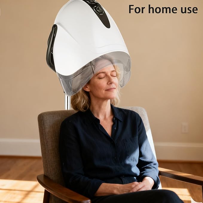 1000W Professional Hooded Hair DryerStanding Blow Hair Dryer with Cap and WheelsTemperature and time are AdjustableSuitable for Salon and Home(White-Stainless Steel Column)