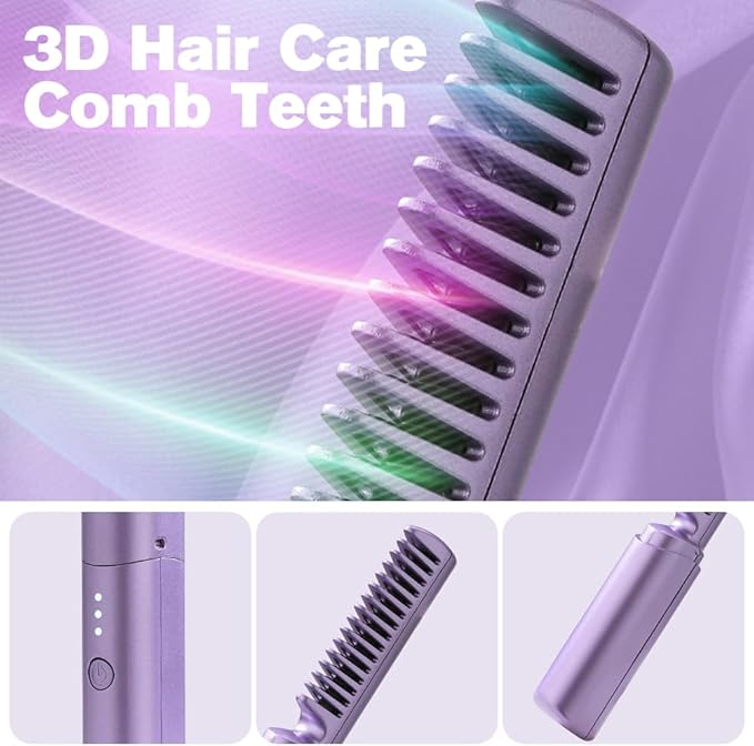 Rechargeable Mini Hair Straightener 2023 New Rechargeable Cordless Hair Straightener Brush Three Temperature Adjustment Straightening Brush 3D Hair Care Comb for Dry and Wet Hair (Pink+Purple)