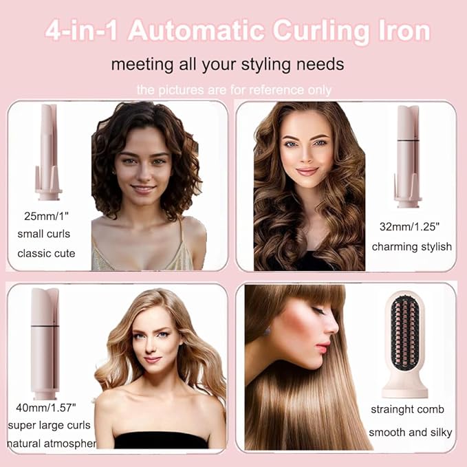 4-in-1 Automatic Curling Iron Multifunctional with 1 - 1.57 Interchangeable Barrel Salon Curls Waves Hair Straightener Brush for All Hair Lengths (Pink 4in1)