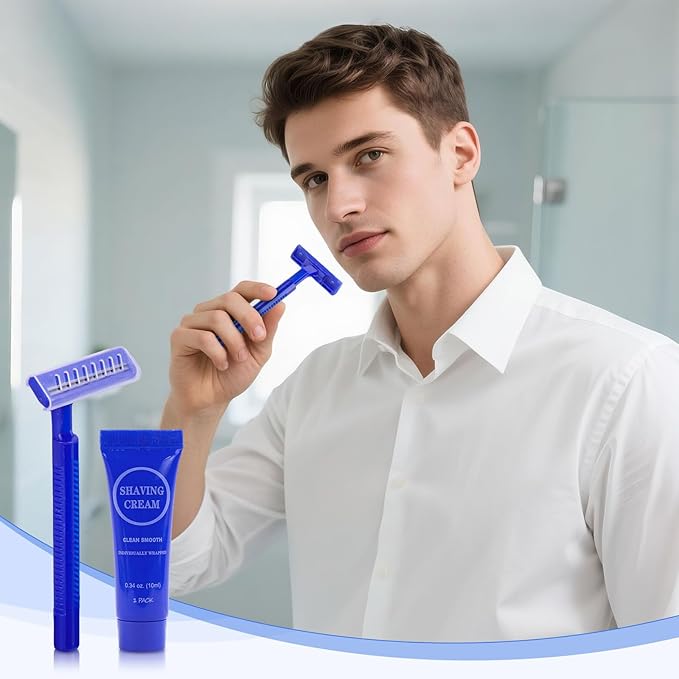 Disposable Razor Shaving Cream Set Individually Wrapped Manual Twin Blade Shaving Razors in Bulk with Mini Smooth Shaving Cream Toiletries for Hotel Charity Camping Travel Homeless 0.34oz (100 Pack)