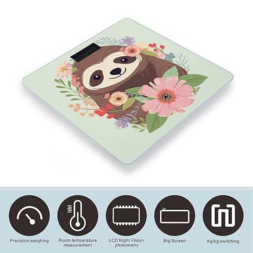 Sloth and Flowers Scale with LCD Easy-to-Read Anti-Slip Weight Digital Bathroom Scale Precision Weighing Scales Sturdy Tempered Glass Body Weight Scales for Daily Use