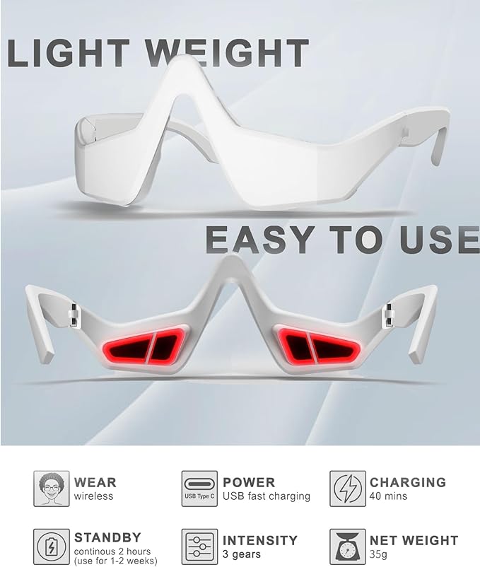 Women’s Under Eye Red Light Therapy Glasses 10 Minutes Per Day for Digital Eye Fatigue Eye Bags Dark Circles &amp Puffiness Ultra Lightweight Rechargeable Ergonomic Design