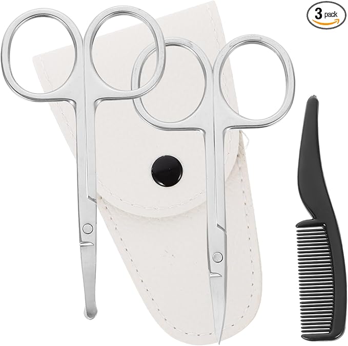 12pcs Beard Scissors Set Stainless Grooming Kit for Men Includes Pointed Round Scissors White Leather Case Small Comb for Beard Trimming Nose Hair Grooming