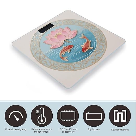 Goldfish and Lotus Mural Pattern Scale for Body Weight Sturdy Tempered Glass Weighing Scales with LCD Display Accurate Digital Bathroom Scale Convenient Body Fat Smart Scales Easy Read