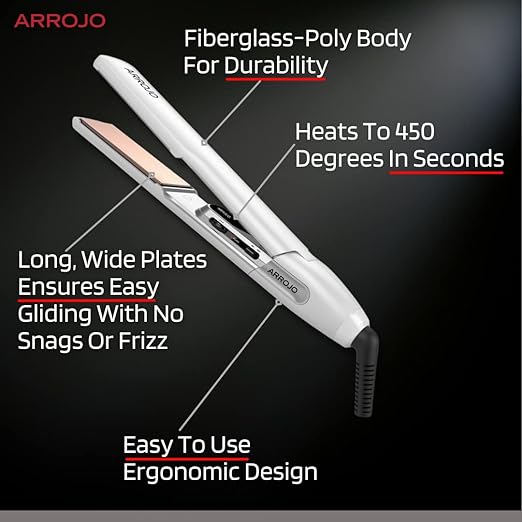 Arrojo AP-C450 White Ceramic Smoothing Iron — Dual Voltage Flat Iron — 450 Degrees in seconds — Ceramic Hair Iron for All Types of Hair — No Frizz Ceramic Plates — 1 ¼ Inches