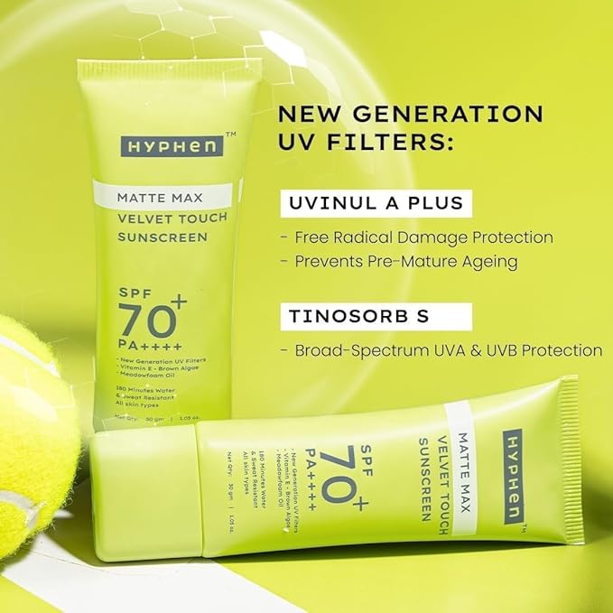 Hy-phe-n Matte Max Velvet Touch Sunscreen SPF 70+ PA++++ | Sun Protection | Sun Shield |Sunscreen SPF No White Cast Non Greasy &amp Lightweight | For Oily Combination &amp All Skin Types-30g