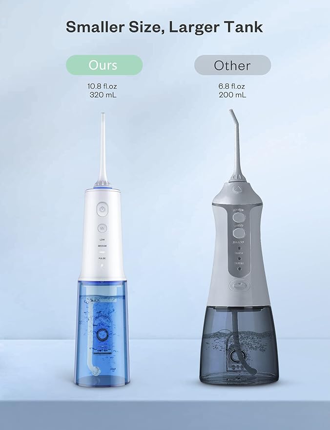 Water Dental Flosser Professional 320ML Tank Cordless Oral Irrigator - Portable and Rechargeable IPX7 Waterproof 4 Modes Water Flossing with Cleanable Water Tank for Home and Travel