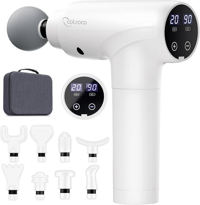 cotsoco Massage Gun Deep Tissue Muscle Massage Gun with 9 Attachment Heads 20 Speeds &amp Silent Brushless Motor for Pain Relief Handheld Percussion Back Massager Gun for Athletes(White)