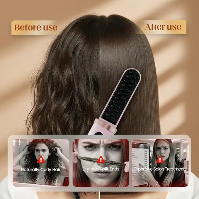 2026 New Hair Straightener Brush Cordless Hair Straightener Brush for Short Hair Mini Portable Straightening Hair Comb with 4 LCD Temperature Display Fast Heating for Women Travel Essential (Green)