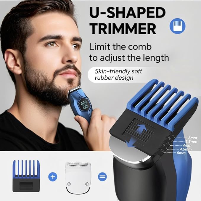 5-in-1 Electric Beard Trimmer Magnetic Replacement Heads Professional Cordless Hair Clippers for Men Rechargeable IPX7 Waterproof Grooming Kit for Face Mustache Body Nose Gifts for Men (Blue)