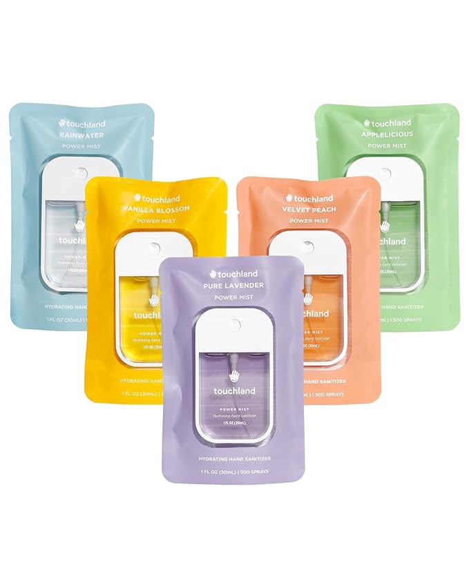 Touchland Hydrating Hand Sanitizer Spray – Blossom 5 Set (Pure Lavender Vanilla Blossom Rainwater Velvet Peach Applelicious) – 5 x 1 FL OZ Travel Size Mists