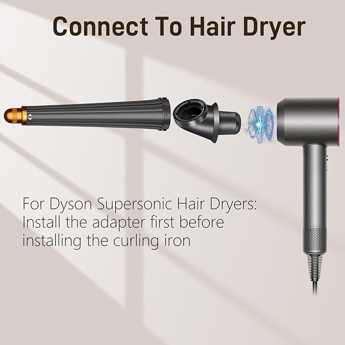 0.78-1.4in/20-36mm Long Curling Barrel for Dyson Airwrap Attachment for Dyson Supersonic Hair Dryer HD01 HD02 HD03 HD04 HD07 HD08 HD15 HD16 2 In 1 Automatic Hair Curling Barrel with Adapter Gold