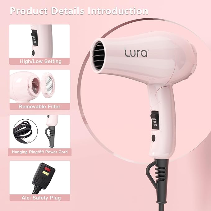 LURA Smart Dual Voltage HairDryer: Mini Travel Hair Dryer for Women1200w Small Portable Blow Dryer with Pouch for Gym(Pink)