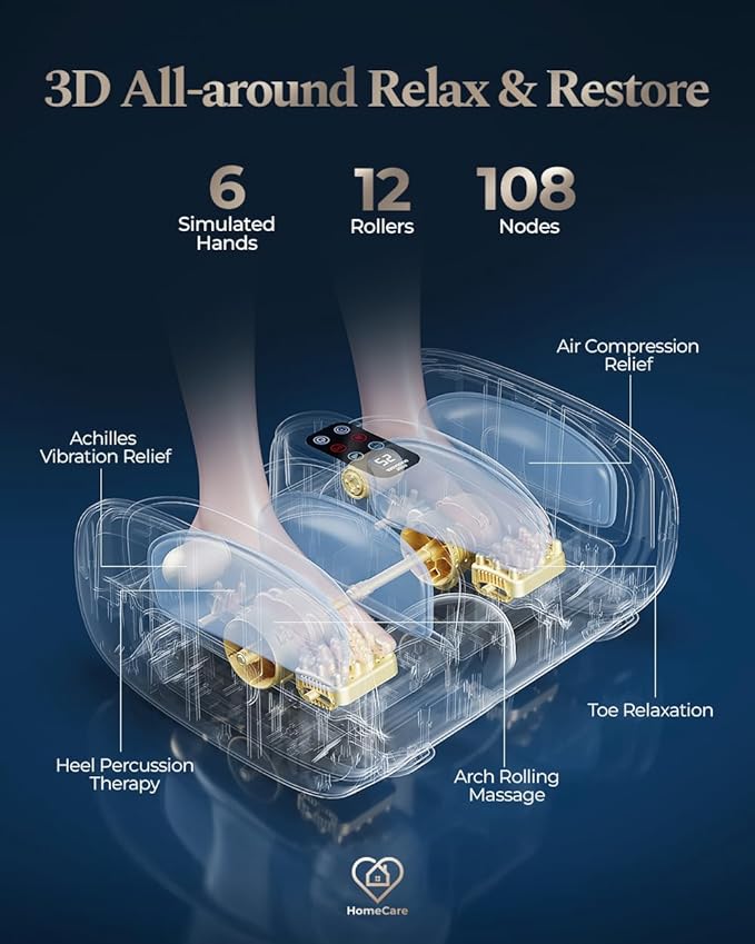 HomeCare Foot Massager with Heat &amp Ice Therapy Shiatsu Deep Kneading Compression Foot Massagers for Plantar Fasciitis &amp Neuropathy Relief Adjustable Intensity FCC/CE Certified
