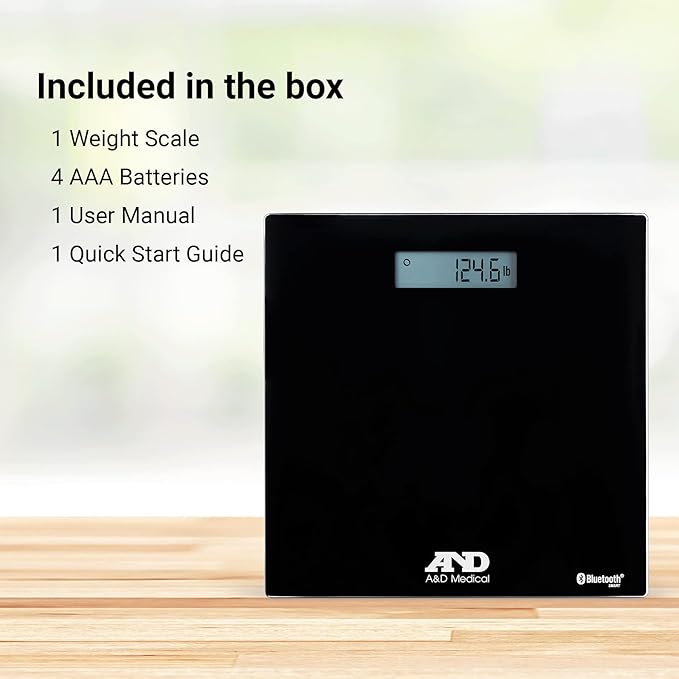 A&ampD Medical Digital Body Weight Scale - UC-352BLE - Bluetooth Bathroom Weight Machine Syncs with A&ampD Heart Track App - 450lb (200kg) - Batteries Included Black