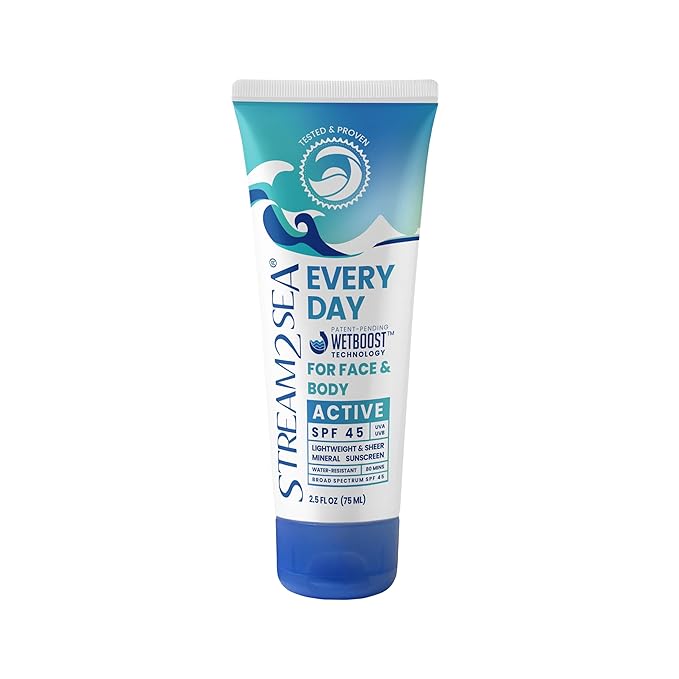 SPF 45 Every Day Active Mineral Sunscreen | 2.5 Fl Oz Biodegradable &amp Reef Safe Sunscreen for Face &amp Body | Non-Greasy Lightweight &amp Sheer Mineral Protection Against UVA &amp UVB by Stre