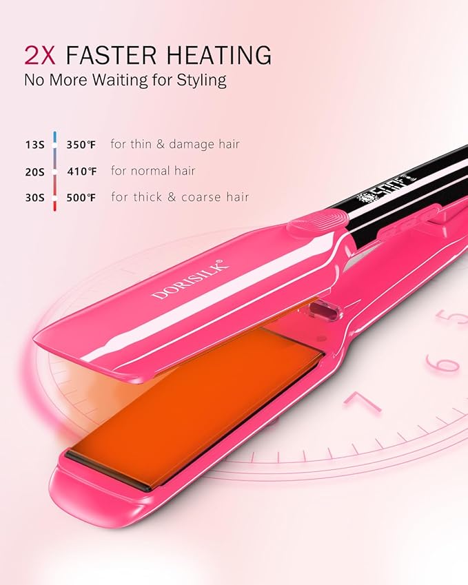 DORISILK 500 Degree High Temp Professional Hair Straightenr  Ceramic 1.75 Inch Wide Flat Iron 2 in 1 Hair Straightener and CurlerPlasma Hair Straightener Get Frizz-Free and Shiny (Hot Pink)