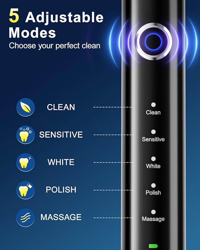 Rtauys Rotating Electric Toothbrush for Adults with 8 Brush Heads (2 Types) 5 Modes Rechargeable Power Toothbrush with Travel Case and 2 Minute Smrte Timer