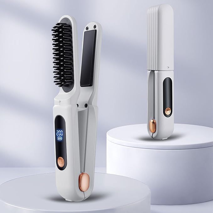 YUYTE Hair Straightener Brush for Women: 2 in 1 Curling &amp Straightening Brush with Dust Cover Ceramic Hot Comb with 3 Temps for Hair Styling (White)