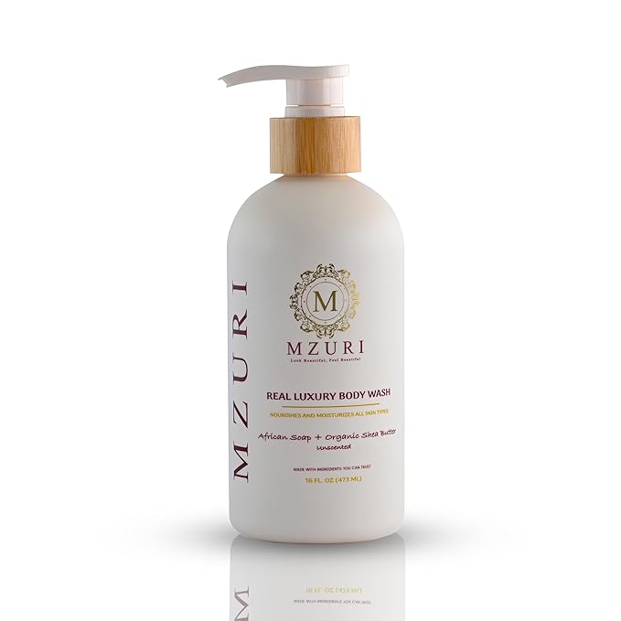 MZURI Unscented Body Wash African Black Soap Organic Shea Butter and Calendula Moisturizing Hydrating and Gentle Formula for Dry Sensitive Skin Paraben-Free Luxury Body Wash - 16 Fl. Oz