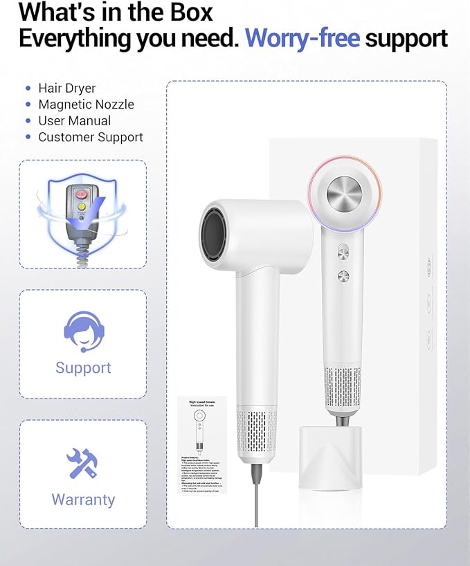 Ionic Hair Dryer 150000 RPM High-Speed Professional Blow Dryer for Fast Drying 500M Negative Ions &amp Thermo-Control Magnetic Nozzle Low Noise &amp Lightweight for Home and Travel White