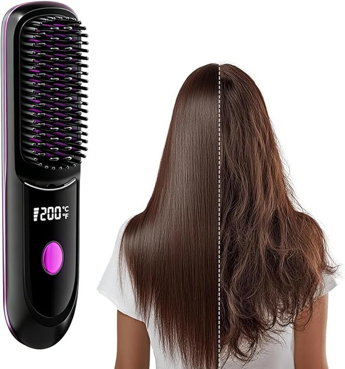 2026 Cordless Hair Straightener Brush200 Million Negative Ionic Portable Hair Straightener Comb for Womenwith LED Display20S Fast HeatingHair Brushs for Travel (Black)