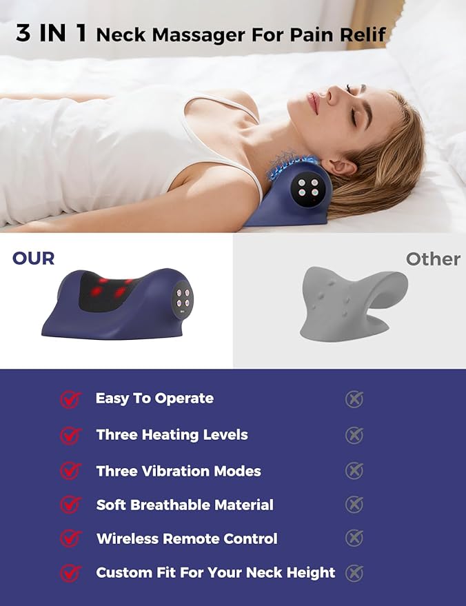 Heated Neck Stretcher for Pain ReliefCervical Traction Device3 Vibration Modes Portable Wireless Neck and Shoulder Relaxer Hump Corrector Pillow for TMJ Pain Relief and Cervical Spine Alignment