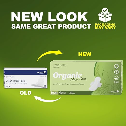 Dynarex DynaCare Organic Maxi Pads - Ultra-Thin with Wings - Organic Cotton Top Sheet Breathable Materials - Up to 8 Hours Protection - Individual Aluminum Wrappers - Case of 250