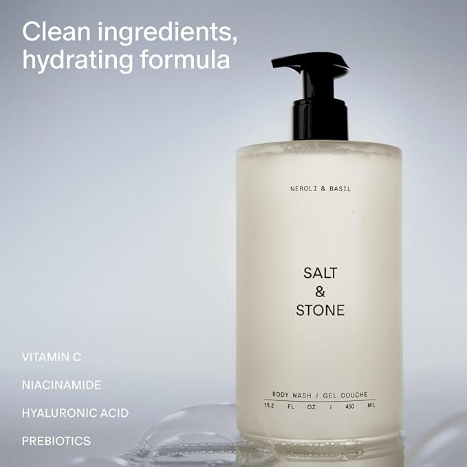Salt &amp Stone Body Wash with Antioxidants for Deep Moisture | For Women &amp Men Sulfate Paraben &amp Dye Free Leaving Skin Soft and Hydrated | Neroli &amp Basil Refill 32 fl oz
