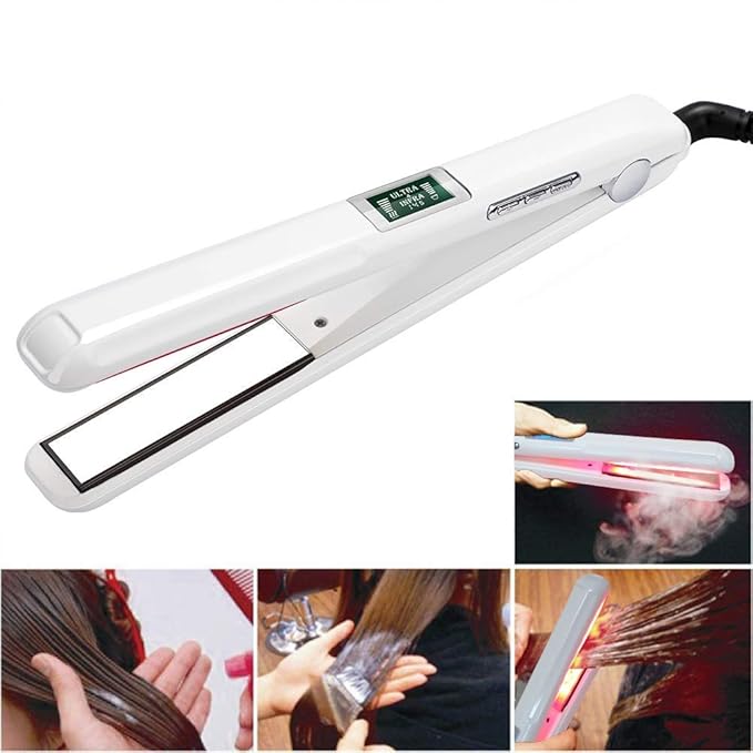 JUKEY Hair Straightener Infrared with Ultrasonic Care Iron Cold Treatment Recovers Damaged Hair and Shiny Hair Restoration LCD Display Dual Voltage Auto Off -White 13 x 2.4 x 1.8 Inch
