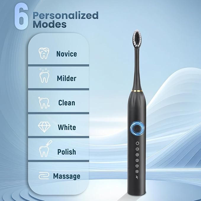 12 Pack Adult Electric Toothbrush Rechargeable Sonic Electric Toothbrush with 4 Brush Heads 6 Modes Timer Function IPX7 Waterproof 3 Colors Available