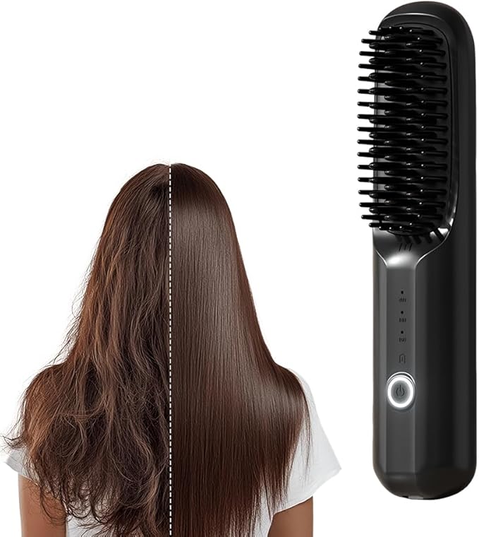 Cordless Hair Straightener Brush 2025 New Portable Hair Straightener Fast Heating MCH Ceramic Brush for Smooth Frizz Free Hair USB Rechargeable for Short Long Hair Travel Vacation Home (Black-A)