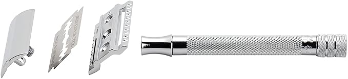 MERKUR 23C Double Edge Safety Razor - Polished Chrome Long Knurled Brass Handle Made in Germany Plastic-Free Three Piece Design Closed Comb Straight Bar