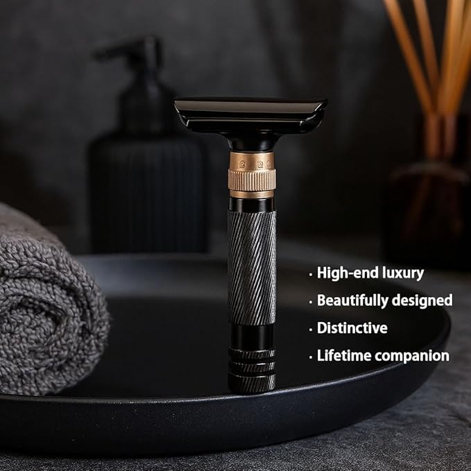Luxurious and beautifully adjustable double-edged safety razor with 10 platinum-plated stainless steel razor blades reusable razor kit eco-friendly smooth close shave (Glossy Black + Base)