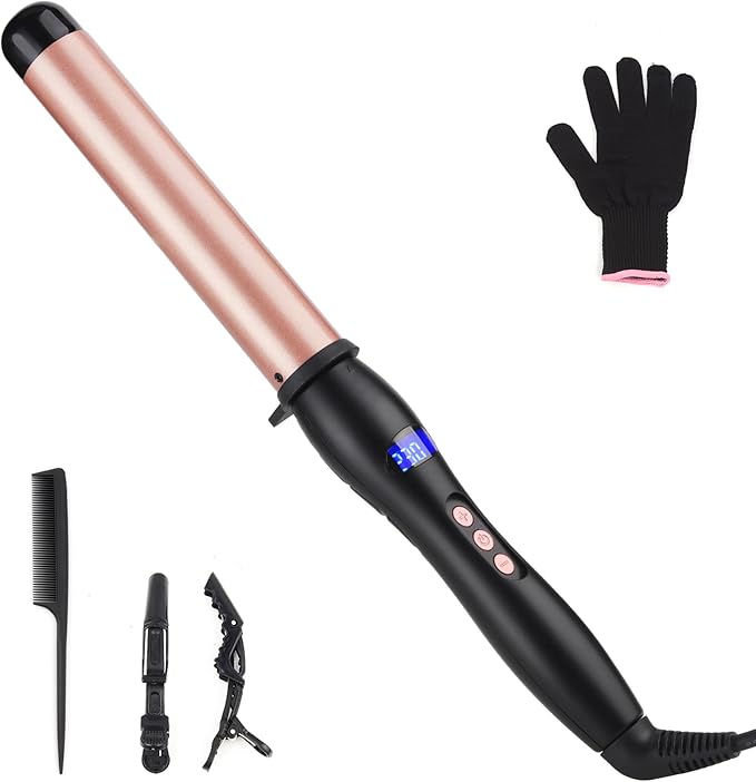 Hair Curling Wand 32mm Curling Iron Professional Ceramic Hair Curler Wand Big Curls Adjustable Digital Temperature Dual Voltage Auto Shut-Off (no Fixing Clip)