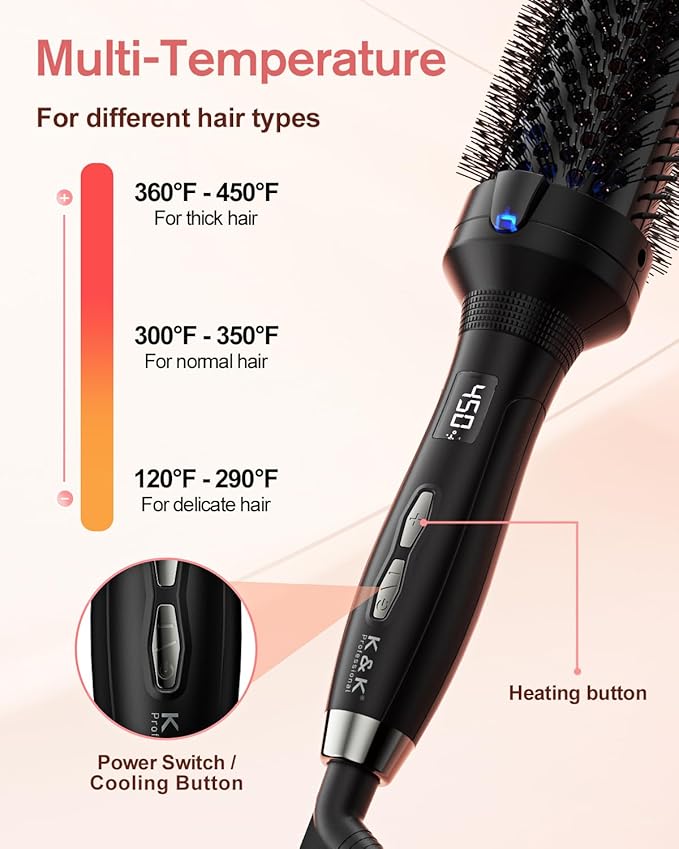 K&ampK Thermal Brush for Blowout Look Pro 1.77 Inch Heated Round Brush with Ceramic Tourmaline Coating Ionic Makes Hair Smoother Get Natural Curls 122-446°F Dual Voltage for Travel