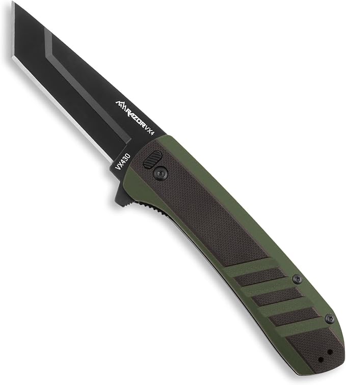 OUTDOOR EDGE Razor VX4 – 3 Replaceable Blade Folding Knife – Black Tanto Blade – Black G10 Over Green Handle – Reversible Clip – EDC Outdoor &amp Survival