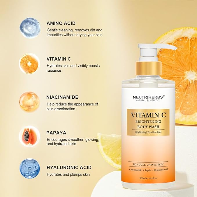 Neutriherbs Brightening Body Wash for DullUneven Skin Vitamin C Brightening Shower Gel For Women And Men Daily Shower Soap With Papain Niacinamide - Citrus Scent 16.9 Fl.Oz