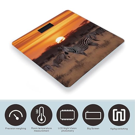 Africa Sunset Zebra Scale for Body Weight High Precision Digital Weight Scales with LCD Display Anti-Slip Sturdy Slim Tempered Glass Bathroom Scale for Home Use