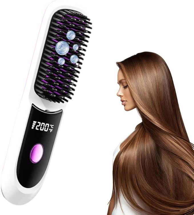 GO Brush 2026 Upgraded Cordless Hair Straightener Brush with LCD Temperature Display Portable Fast Heating USB Rechargeable 30+ Mins Runtime for Travel Fine to Coarse Hair (White)